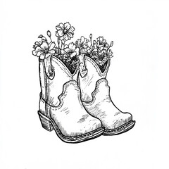 Western cowgirl boots with bouquet of wildflowers. Hand-drawn vintage ink illustration.