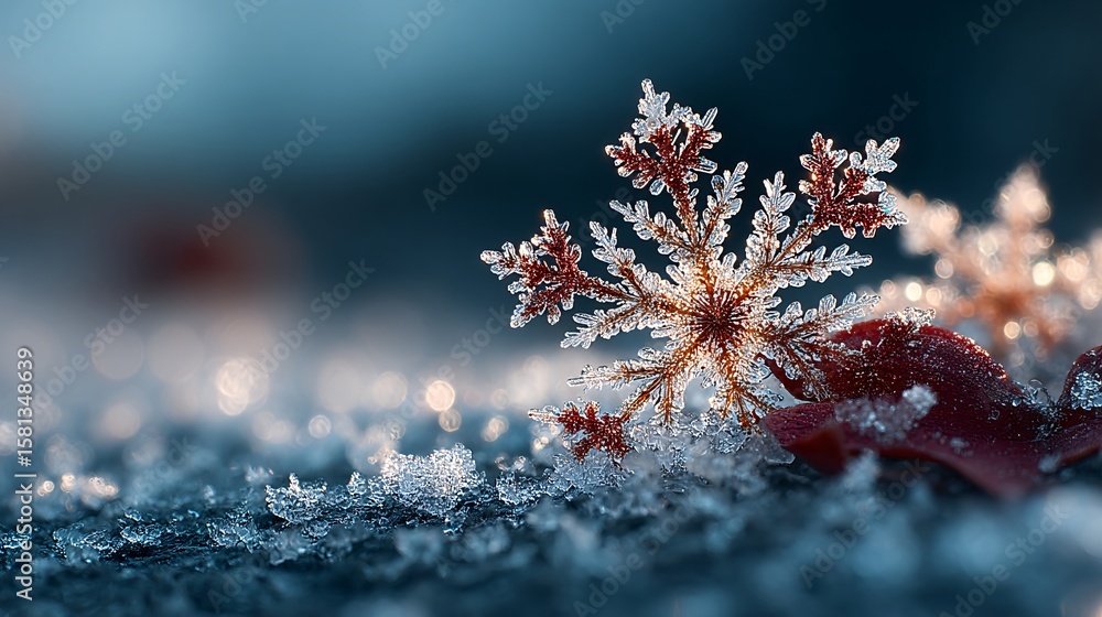 Poster close-up macro shot of intricate snowflake crystal patterns