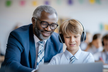 Older man and young boy focused on laptop, sharing knowledge in modern classroom. Colorful educational environment enhances learning atmosphere. Concept of education, mentoring, technology