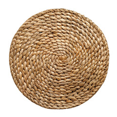 Round wicker placemat with rustic braided texture and boho handcrafted style. Isolated object.