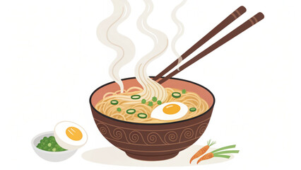 Illustration of a bowl of ramen with chopsticks egg and scallions and a side of carrots and egg half