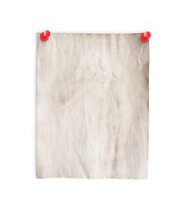 Old stained paper held with red office pushpins, isolated on transparent background PNG