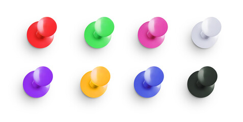 Top view of a group of office pushpins of different colors isolated on a transparent background PNG