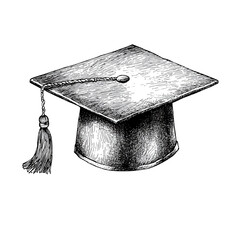 Graduation cap, academic hat. Vintage ink sketch of a mortarboard, isolated on white.