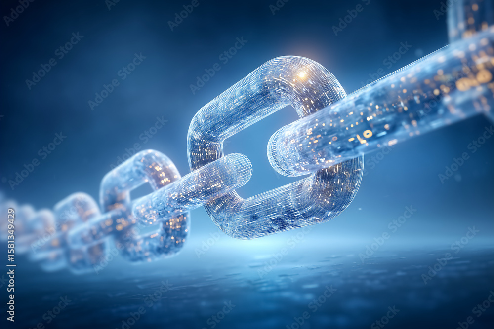 Poster digital chain link composed of glowing elements in abstract blue background. concept of blockchain t