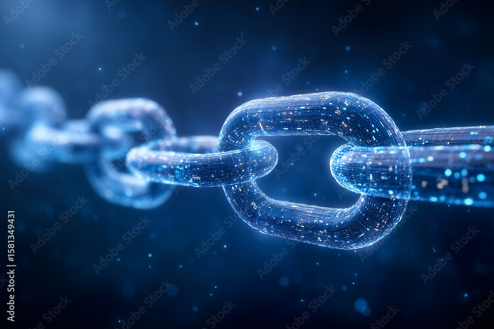 Poster glowing digital chain link symbolizes connectivity and blockchain technology. dark background emphas