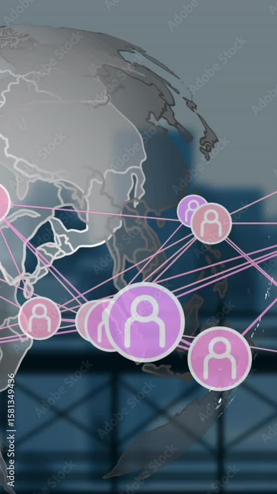 Poster animation of globe with network of connections and icons over cityscape