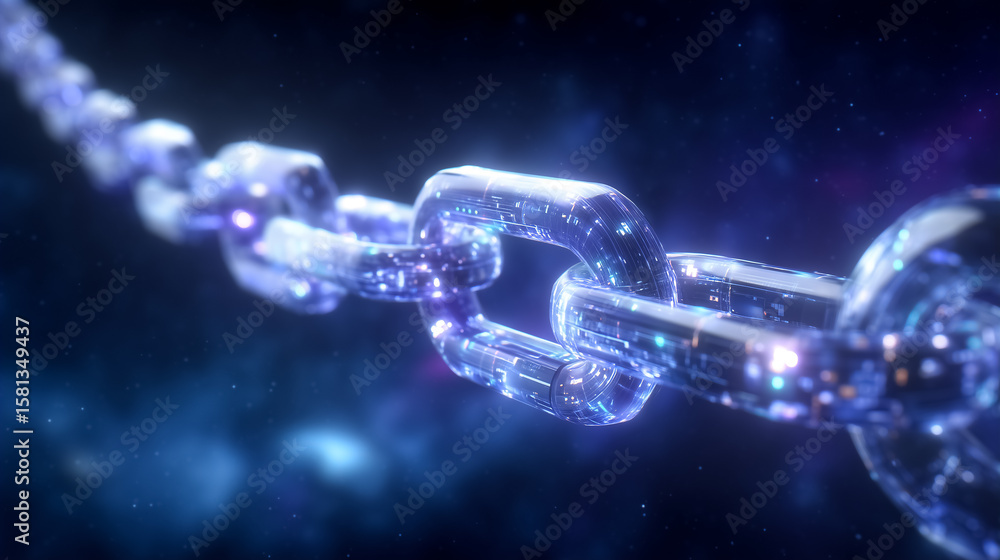 Poster digital chain link illuminates vast cosmic background, representing blockchain technology and modern