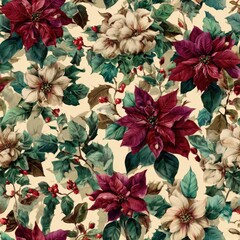 Festive watercolor seamless pattern of deep burgundy velvet poinsettia and emerald holly on a soft gold background, intricate vintage illustration style, luxury detail