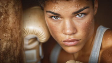 Athlete prepares for boxing match with intense focus. Sweat glistens on face in training space with muted colors. Concept of fitness, sports training, personal achievement