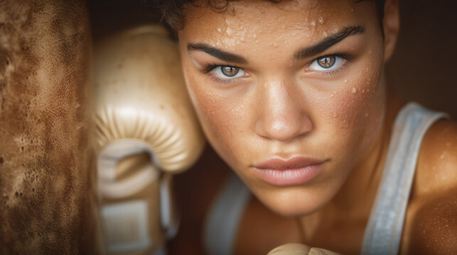 Athlete prepares for boxing match with intense focus. Sweat glistens on face in training space with muted colors. Concept of fitness, sports training, personal achievement