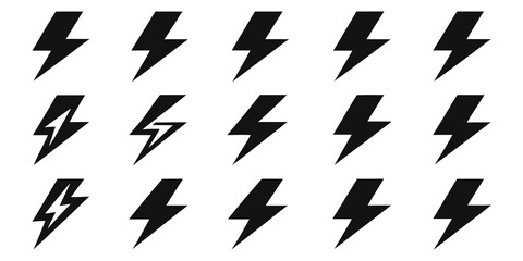 Collection of black lightning bolt icons in silhouette style isolated on white background