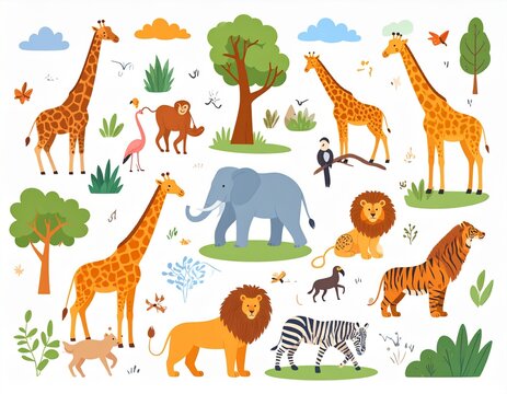 Hayvanlar. Z&uuml;rafa, fil, maymun, kaplan, aslan, zebra, kartal, ağa&ccedil; ve savanın vekt&ouml;rel d&uuml;z &ccedil;izimleri. Poster veya arka plan i&ccedil;in Afrika flora ve faunası &ccedil;izimleri.