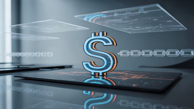 Futuristic glowing dollar sign on digital tablet; blockchain technology concept; secure finance.