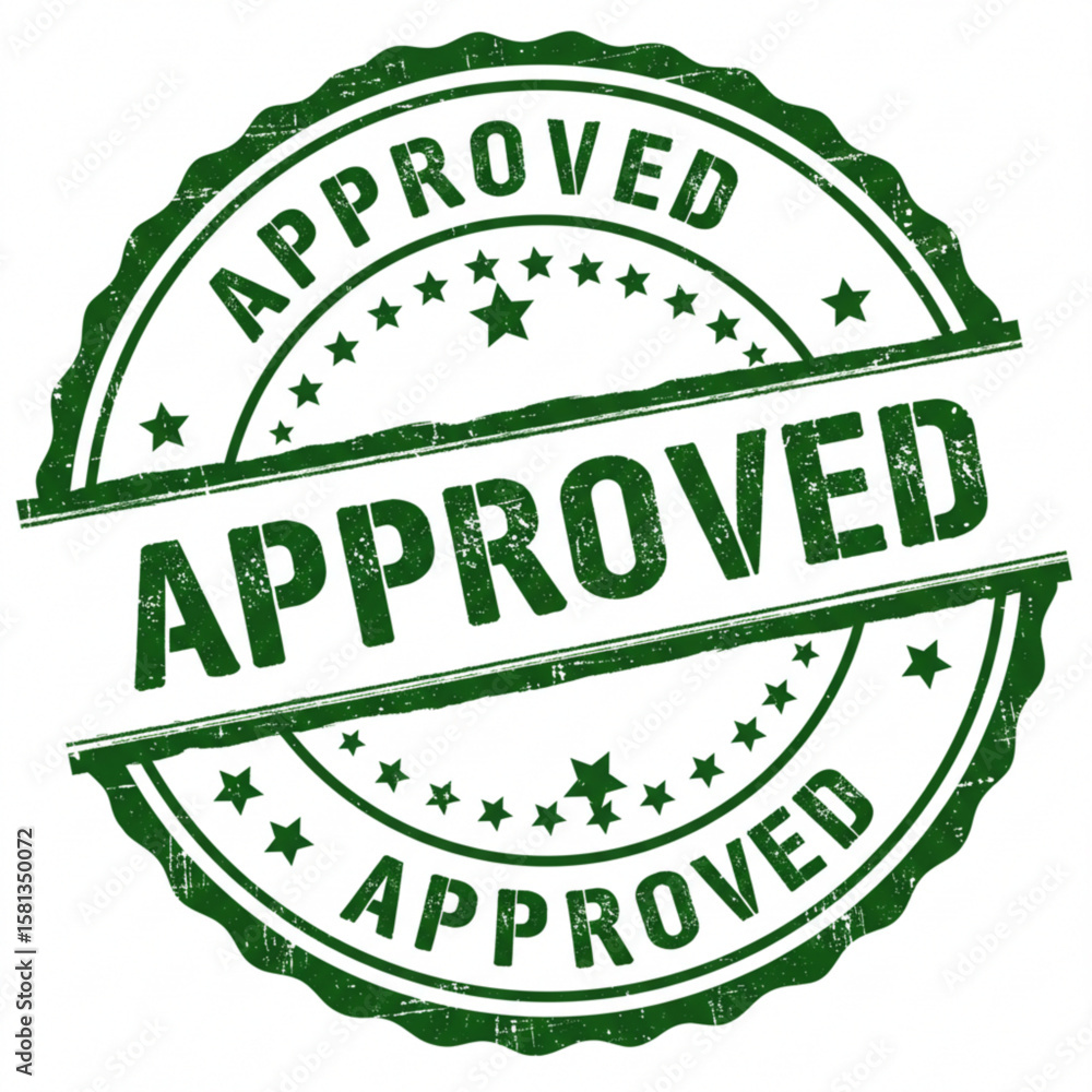 Poster a green approved stamp with stars and a double border on a white background in a circular design sty