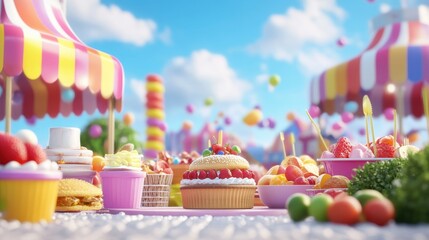 Vibrant food festival scene with gourmet desserts and colorful tents