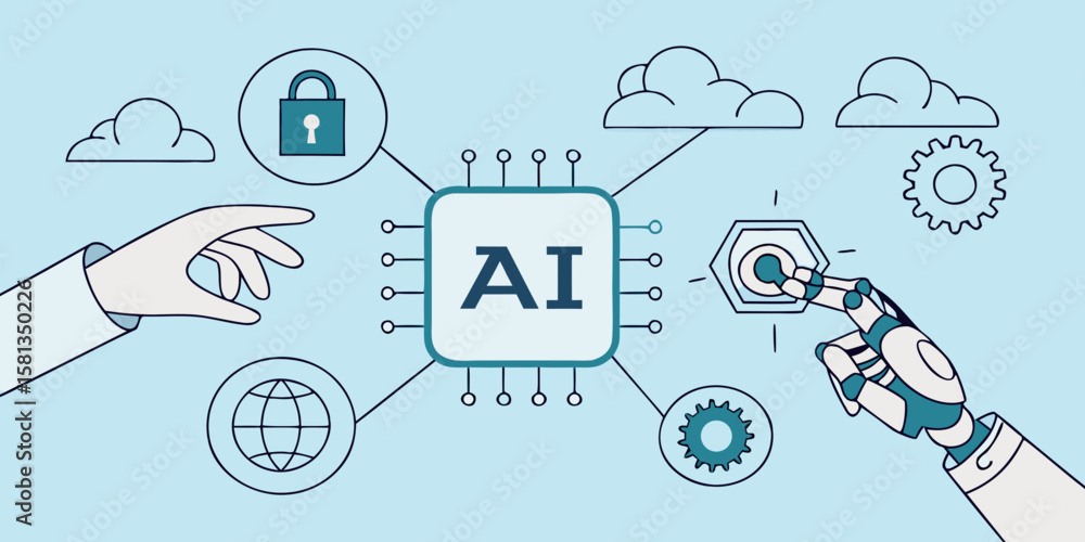 Poster artificial intelligence chip connected to global network security and robotic interaction isolated o