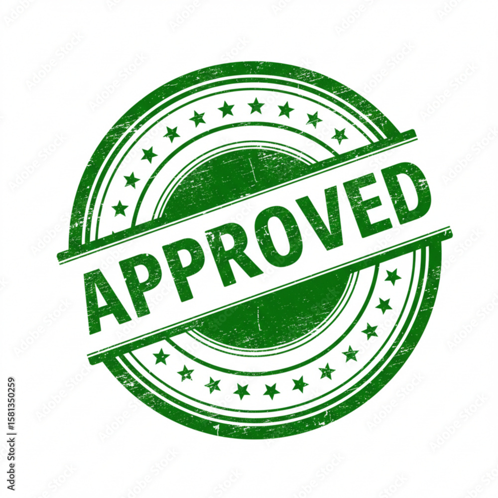 Poster a green stamp with the word approved inside a circle with stars and two horizontal lines across it c