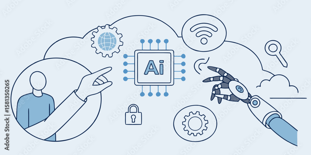 Poster human and robot interaction with ai technology and global network systems silhouette isolated on whi
