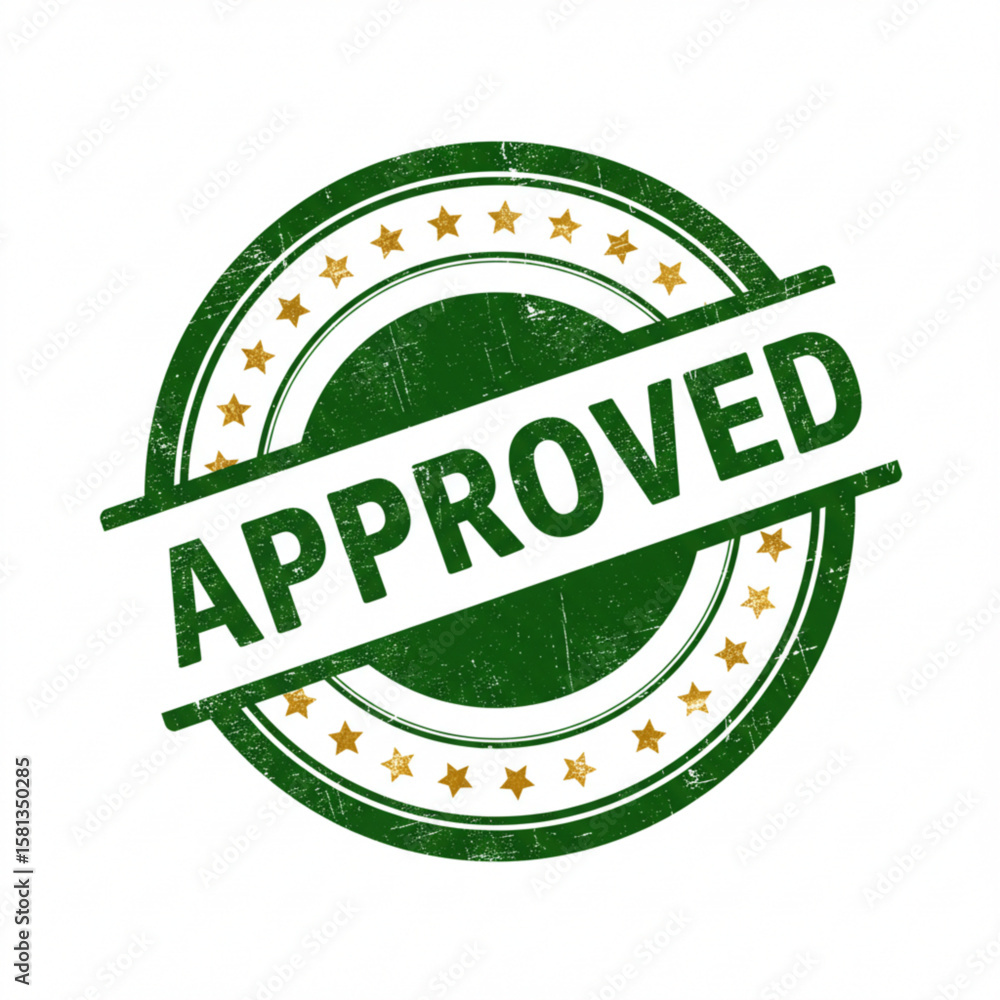 Poster green approved stamp with stars and lines indicating approval and validation of a process or product