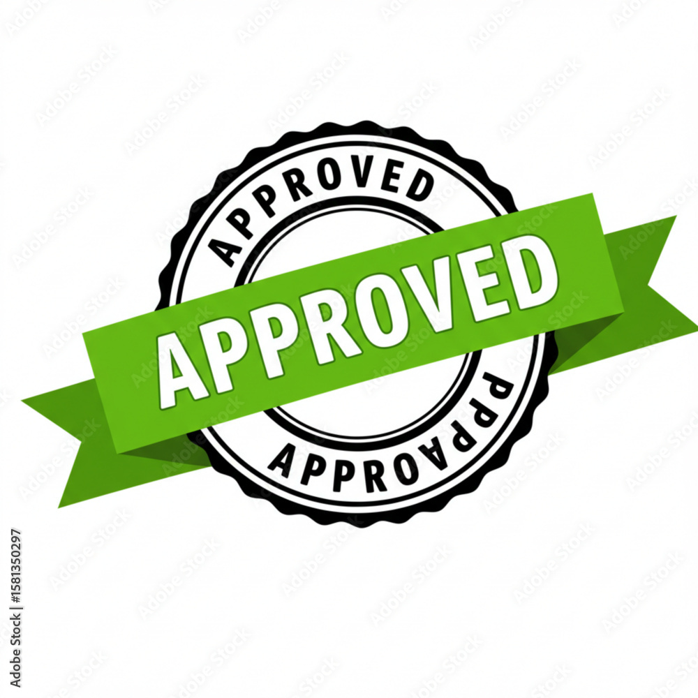 Poster approved stamp with green ribbon banner and black border design for verification and confirmation pr
