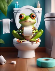 Funny Frog on Toilet with Toilet Paper Roll - 3D Render