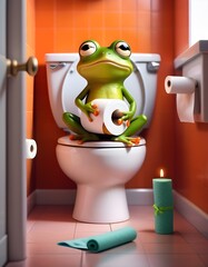 Funny Frog on Toilet with Toilet Paper Roll - 3D Render
