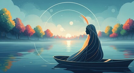 Woman in a boat on a lake under sunset. Nature landscape with autumn trees. Concept of tranquility and meditation.