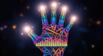 Hand made of colorful interweaving wires with sound equalizer bars. Music production, audio visualizer, or technology concept background.