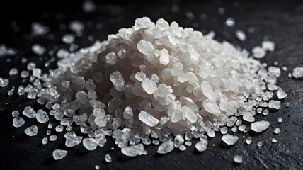 Close-Up of Natural Sea Salt Flakes Scattered on Dark Background