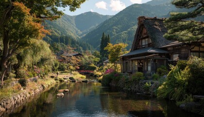 beautiful clean, tidy and peaceful countryside village of japan with old traditional Japanese Shirakawa-go house style at Japan.	