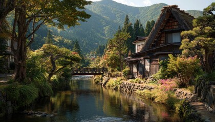 Fototapeta premium beautiful clean, tidy and peaceful countryside village of japan with old traditional Japanese Shirakawa-go house style at Japan. 