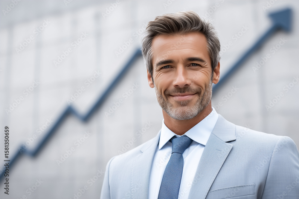 Poster man smiling while dressed in formal suit with tie. modern office setting with grey wall displaying g