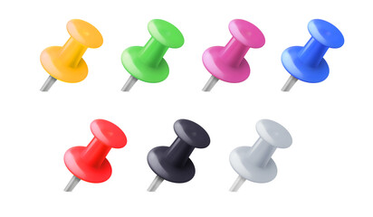 Side view of a group of office pushpins of different colors isolated on transparent background PNG