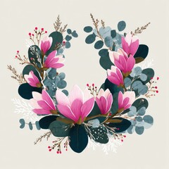 Festive wreath with pink magnolia and eucalyptus, Scandinavian flat design