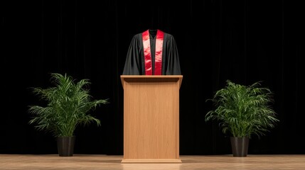 Academic robes on podium in formal graduation setup