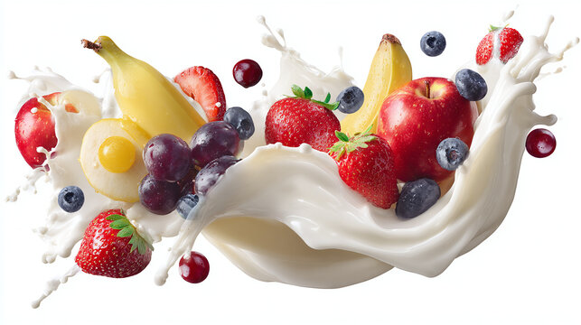 Fruits and berries immersed in swirling milk or yogurt splash isolated on transparent background 