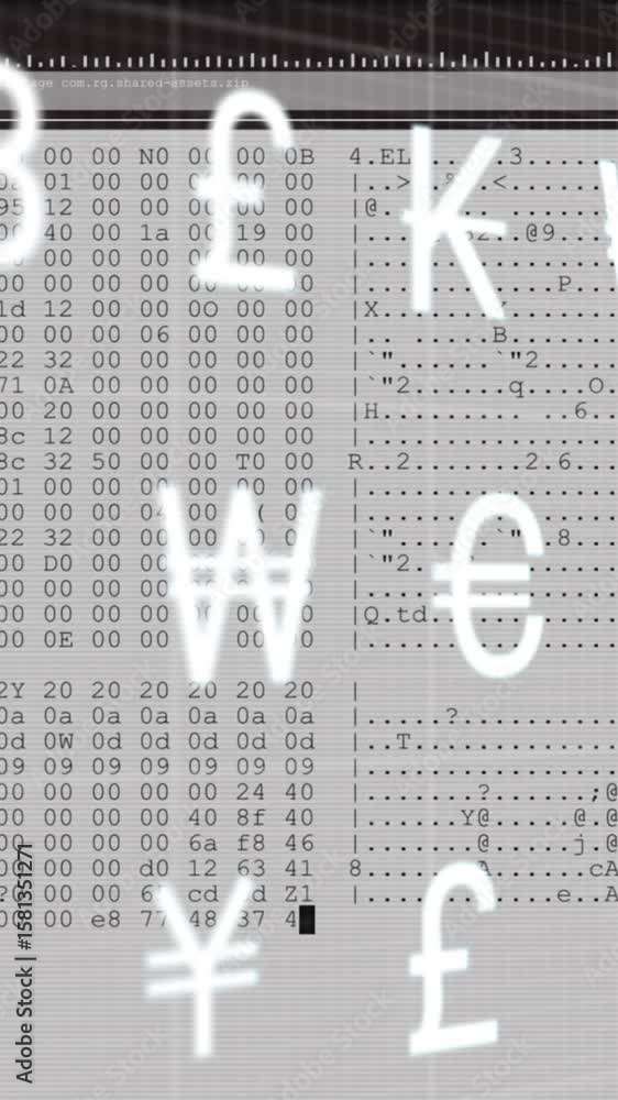 Poster Animation of multiple currency symbols moving over data processing against white background