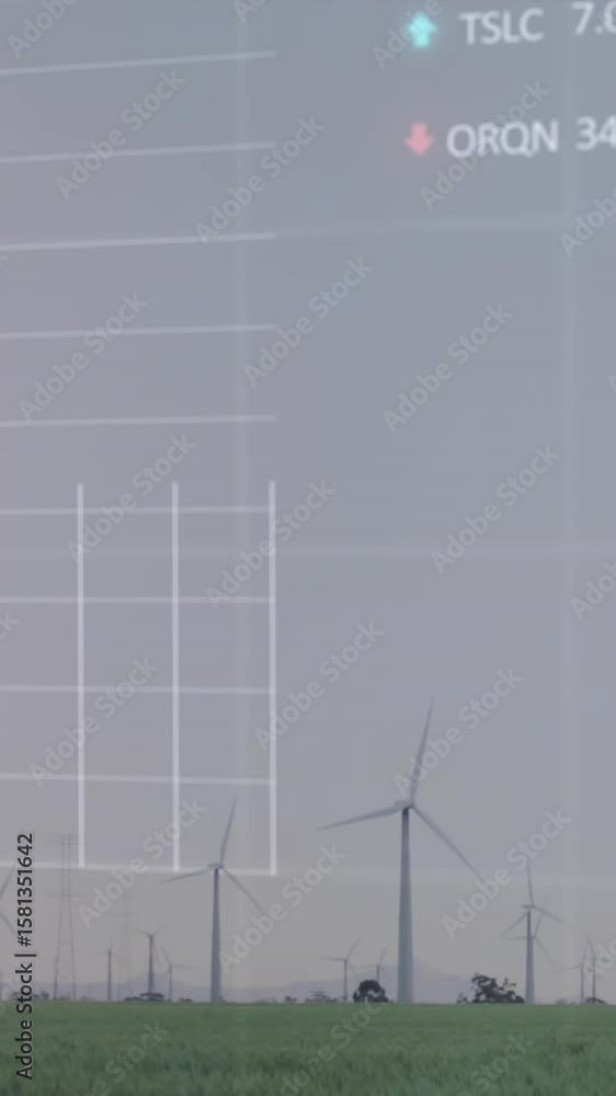 Poster animation of statistical and stock market data processing against spinning windmills on grassland