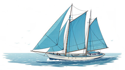 Fototapeta premium Illustration of a large sailing ship with blue sails navigating the ocean under a clear sky with birds flying