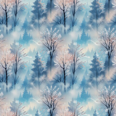 Obraz premium Winter forest landscape seamless pattern with frosty trees in blue hues 