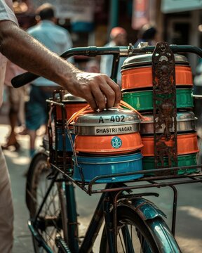 Close view of dabbawala adjusting stacked metal tiffin carriers on bicycle rack, bright lunchboxes ready for Mumbai meal delivery through busy streets.