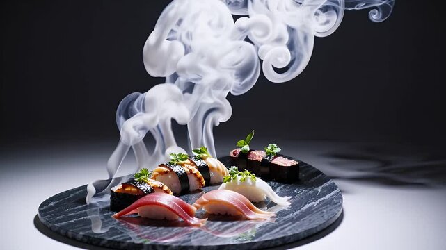 high end sushi platter artistically arranged with dry ice vapor swirling around tuna and eel rolls served in a luxury restaurant setting emphasizing culinary excellence and dramatic dining experience