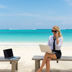 Blonde woman in business attire working remotely on laptop and phone at tropical beach.