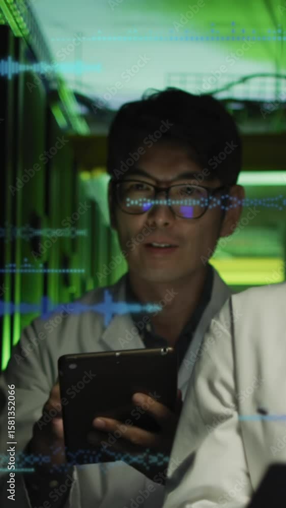 Poster animation of data processing over diverse male and female engineers working at computer server room