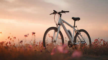 Obraz premium picturesque electric bicycle rests in vibrant field during sunset surrounded by wildflowers