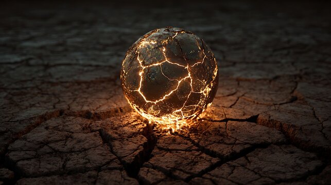 Glowing orb symbolizes Earth's dryness amidst cracked, sun-scorched soil in climate crisis vision