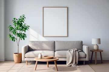Scandinavian Poster & Frame Mockup in Modern Living Room with Blank Art Print and Indoor Plants
