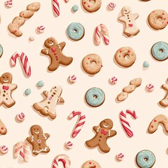 Flat-lay background pattern of Christmas cookies, candy canes and gingerbread men on a pastel backdrop,