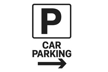 Car parking sign with right direction arrow. Printable vector symbol for public spaces. Traffic road information icon. Vehicle automobile park guide pictogram illustration.